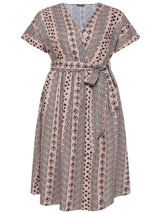 Geometric Print Wrap Belted Pocket Ruffle Hem Dress
