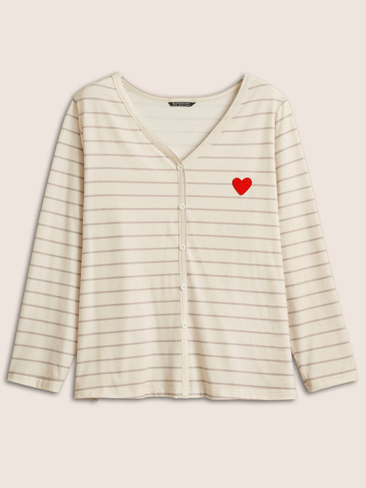 Striped Contrast Heart Embroidered Sleep Top