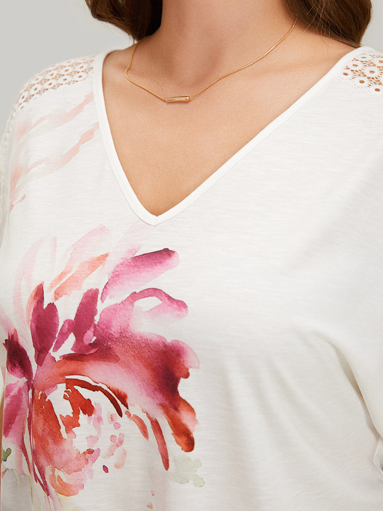 Floral Batwing Sleeve Lace Insert T-shirt
