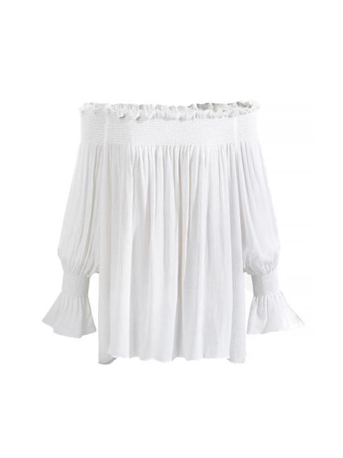 Shirred Off-Shoulder Lantern Sleeve Blouse