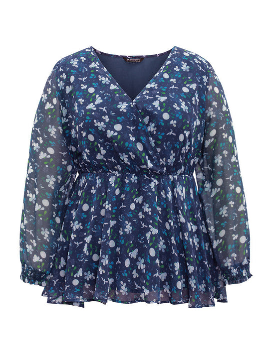 Floral Wrap Elastic Waist Mesh Patchwork Blouse