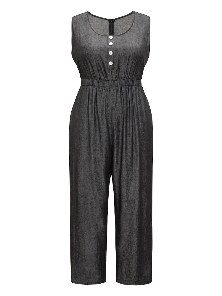 Solid Pocket Button Detail Zipper Tank Jumpsuit