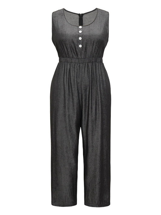 Solid Pocket Button Detail Zipper Tank Jumpsuit