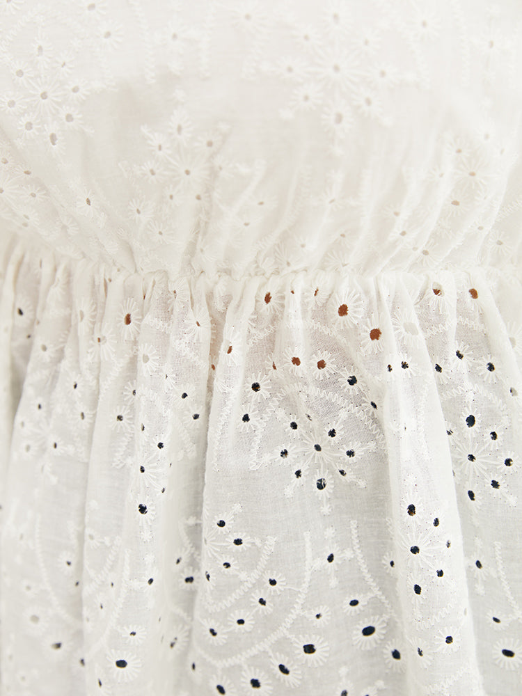 Solid Ruffles Scalloped Trim Laser Cut Blouse