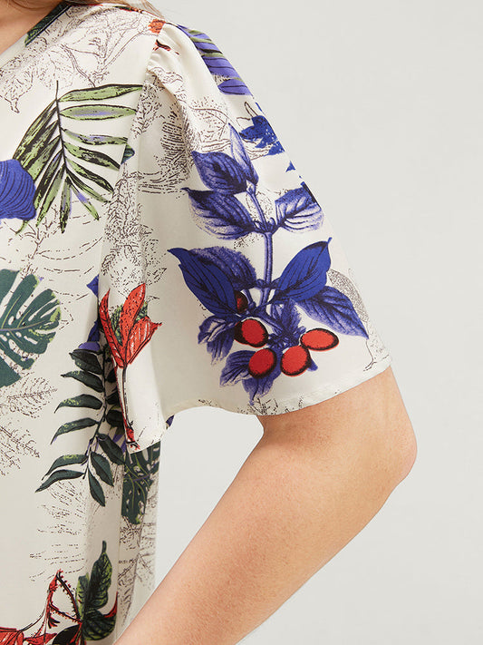 Plant & Floral Ruffle Sleeve Surplice Neck Blouse