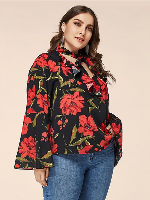 Floral Hollow Out Tie Flared Sleeve Top