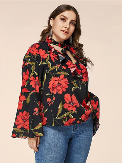 Floral Hollow Out Tie Flared Sleeve Top