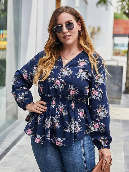 Floral Printed Shirred Waist V-neck Blouse