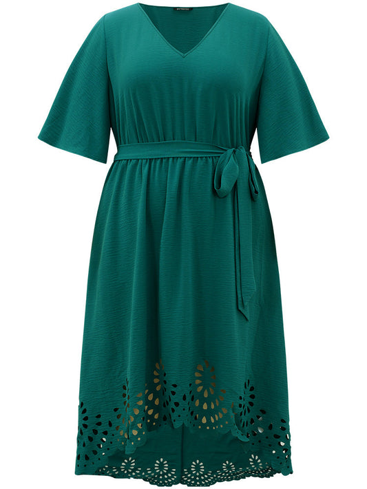 Plain Belted Laser Cut High Low Hem Dress