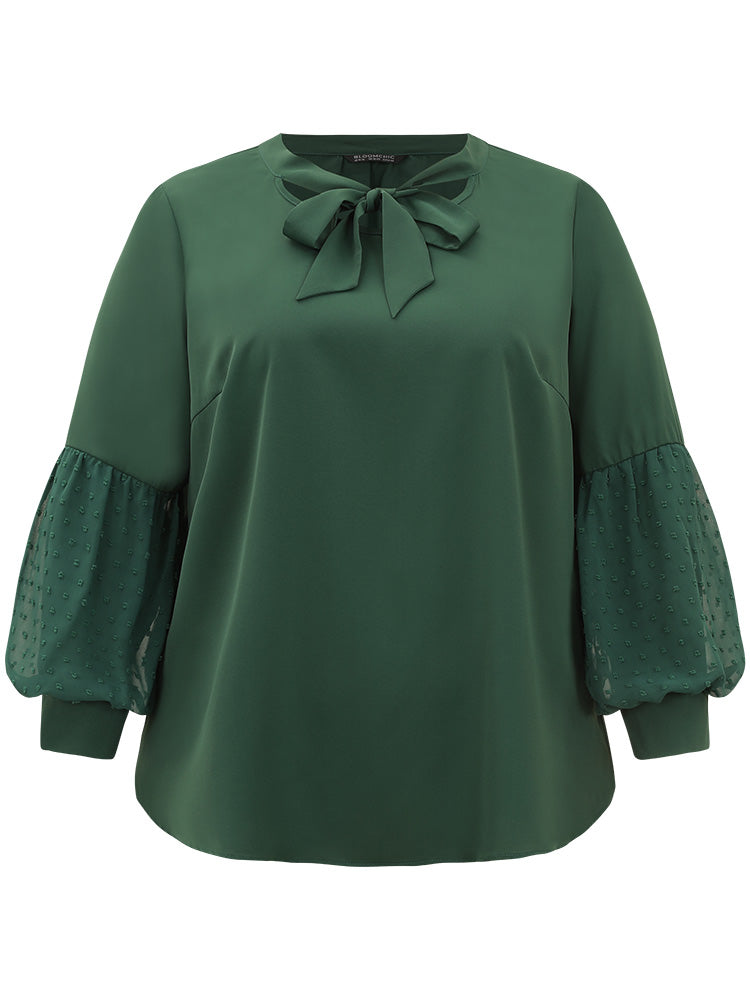 Knot Neck Lace Patchwork Lantern Sleeve Blouse