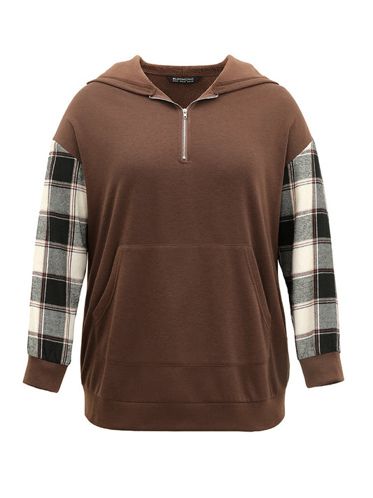 Plaid Patchwork Half Zip Pocket Hooded Sweatshirt