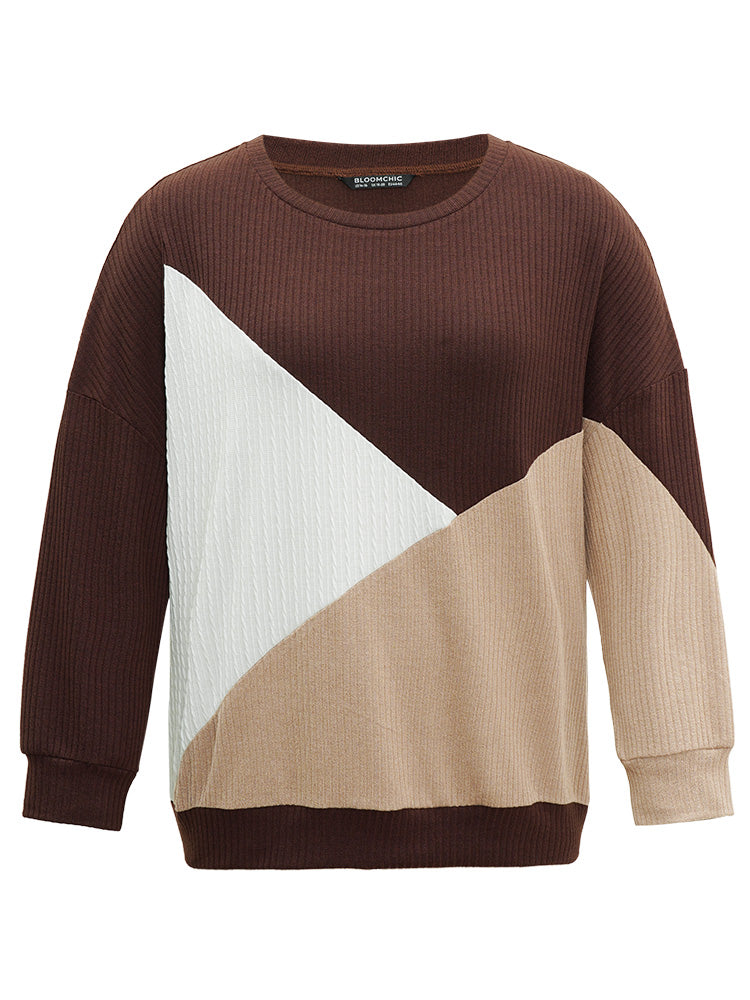 Rib Knit Colorblock Contrast Drop Shoulder Sweatshirt