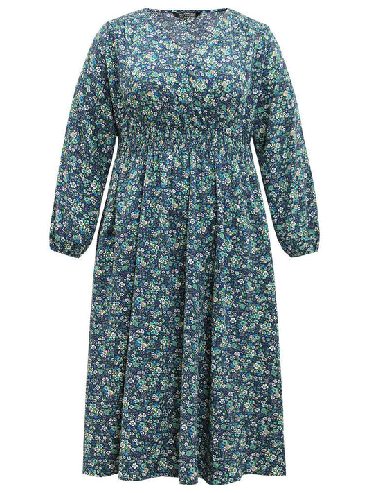 Ditsy Floral Wrap Shirred Pocket Lantern Sleeve Dress