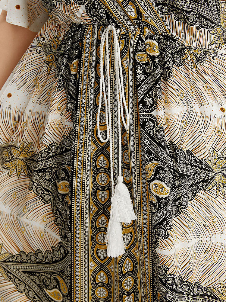 Bandana Ruffles Sleeve Pocket Tassels Ties Up Surplice Neck  Dress