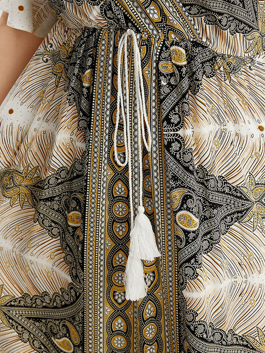 Bandana Ruffles Sleeve Pocket Tassels Ties Up Surplice Neck  Dress