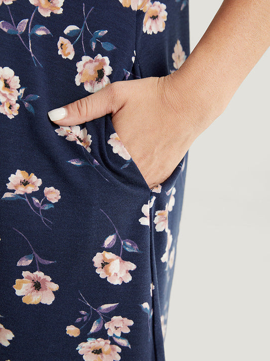 Floral Print Keyhole Neck Pocket Arc Hem Dress