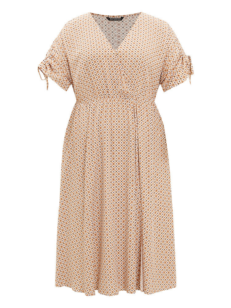 Bandana Print Ruffles Pocket Wrap Drawstring Sleeve Dress