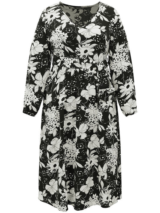 Floral Belted V Neck Lantern Sleeve Dress