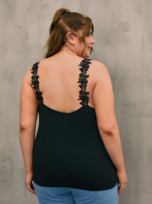 Solid Lace Patchwork Regular Tank Top