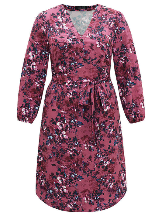 Floral Button Up Belted Arc Hem Dress