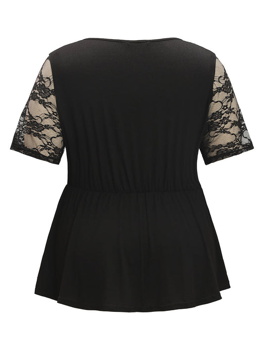 Solid Wrap Lace Mesh Ruffles Asymmetrical Hem T-shirt