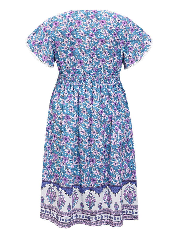 Bandana Shirred Pompom Trim Pocket Petal Sleeve Split Dress