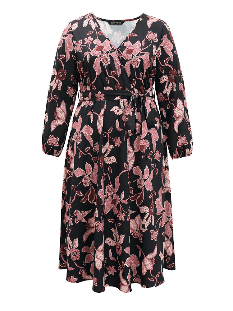 Floral Lantern Sleeve Belted Overlap Collar Dress