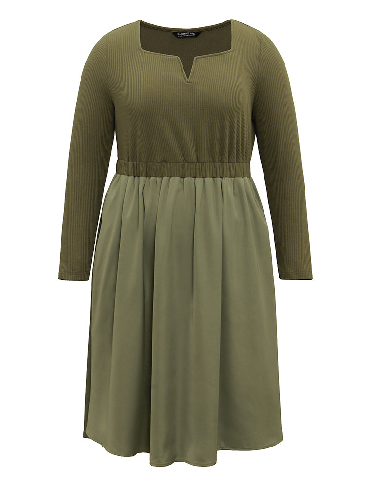 Twill Patchwork Elastic Waist Gathered Dress