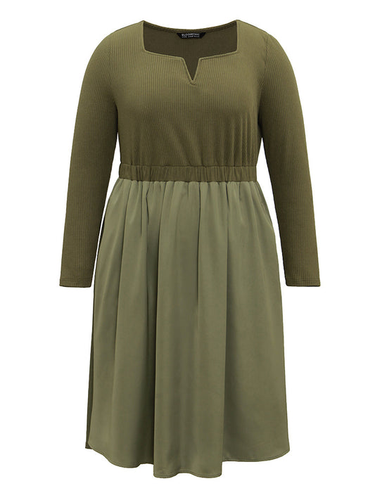 Twill Patchwork Elastic Waist Gathered Dress