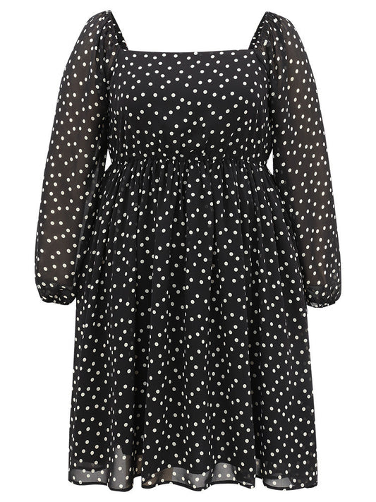 Polka Dot Square Neck Gathered Lantern Sleeve Dress