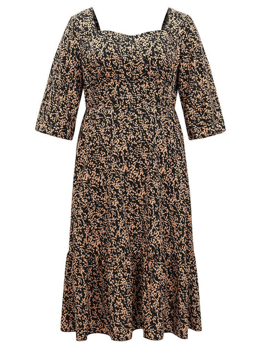 Square Neck Silhouette Floral Print Elastic Waist Dress