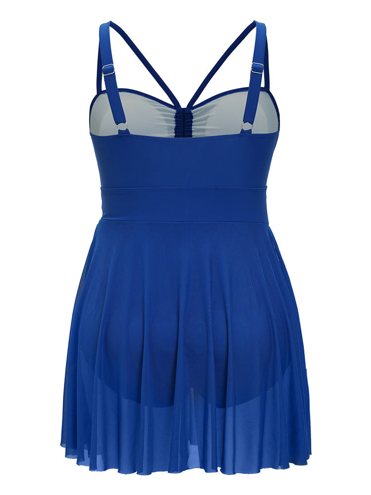 Asymmetrical Neck Ruched Flutter Mesh Hem Swim Dress