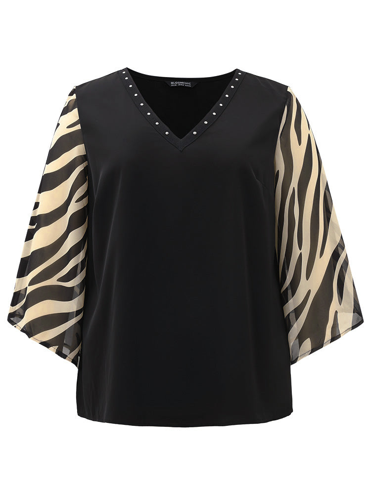 Zebra Print Chiffon Patchwork Pearl Beaded Blouse