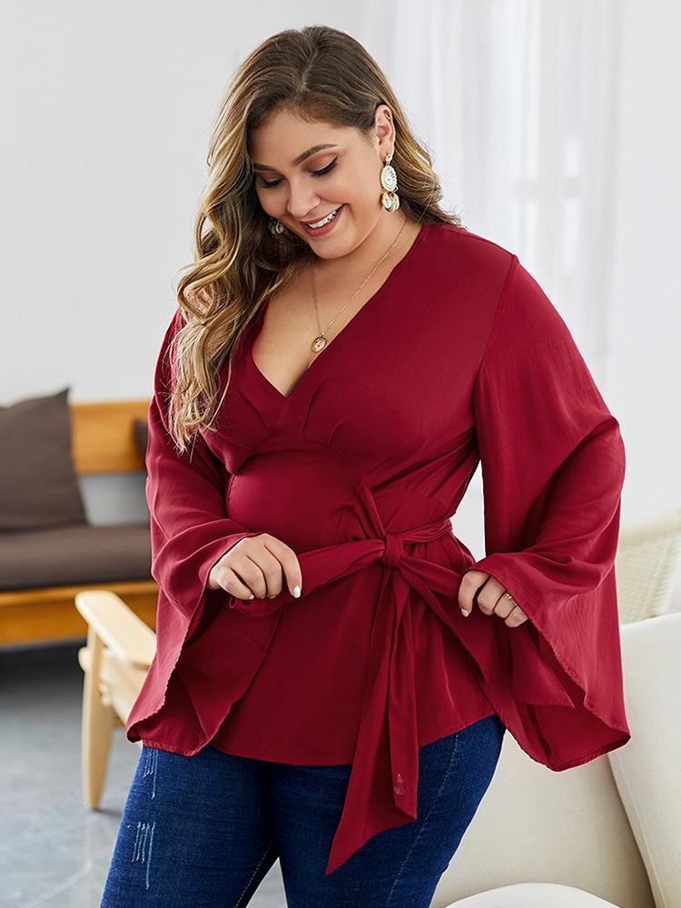 Flared Sleeves Belt V-neck Blouse
