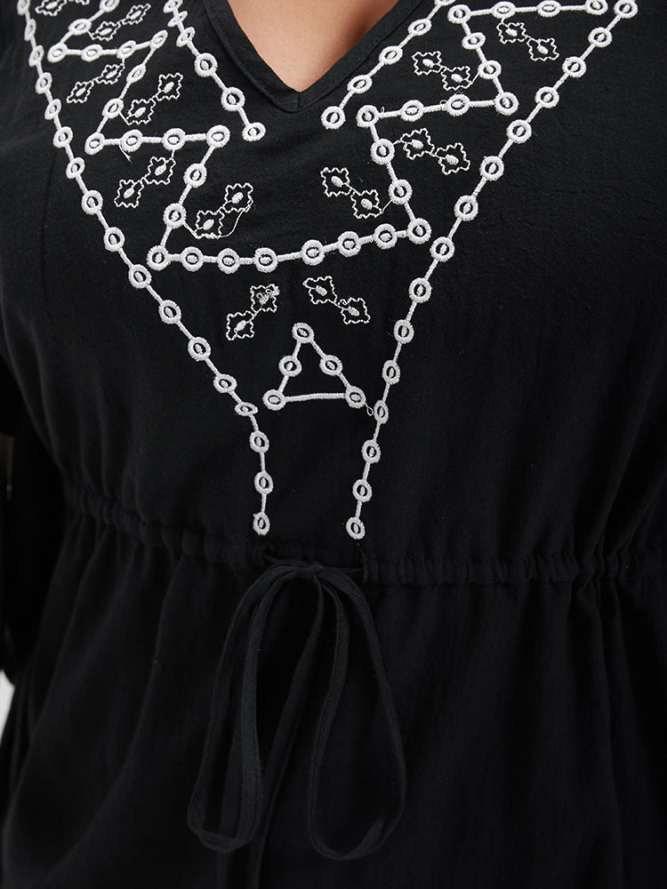 Plain Crochet Lace Drawstring V Neck Blouse