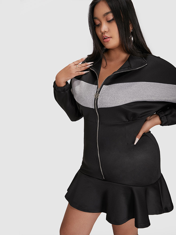 Contrast Panel Zipper Ruffle Sweatshirt Dress
