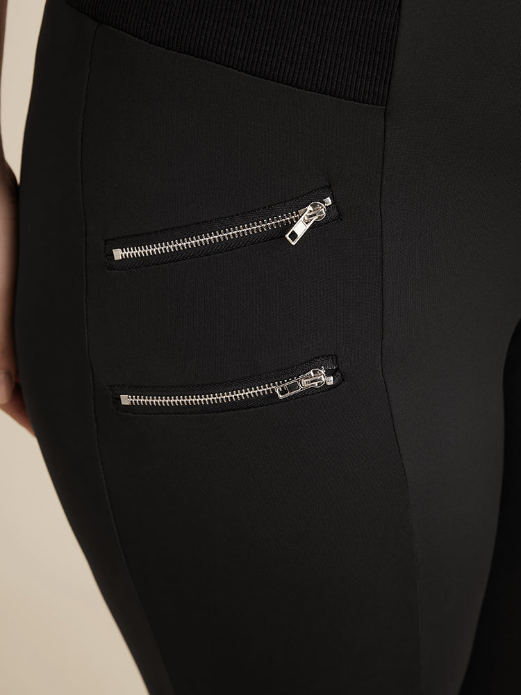 Solid Elastic Waist Zipper Skinny Leggings