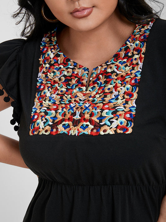 Floral Embroidered Pompoms Babydoll Short Dress