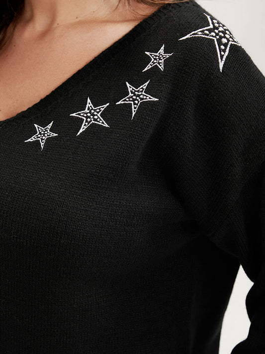 Star Embroidered Pointelle Knit V Neck Knit Top
