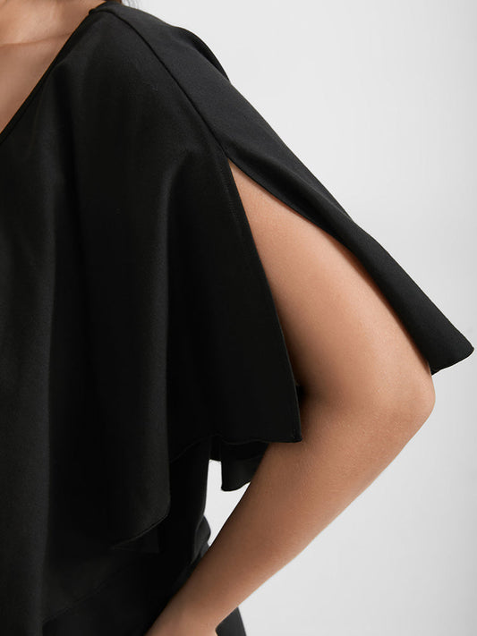 Solid Ruffles Trim Split Round Neck T-shirt