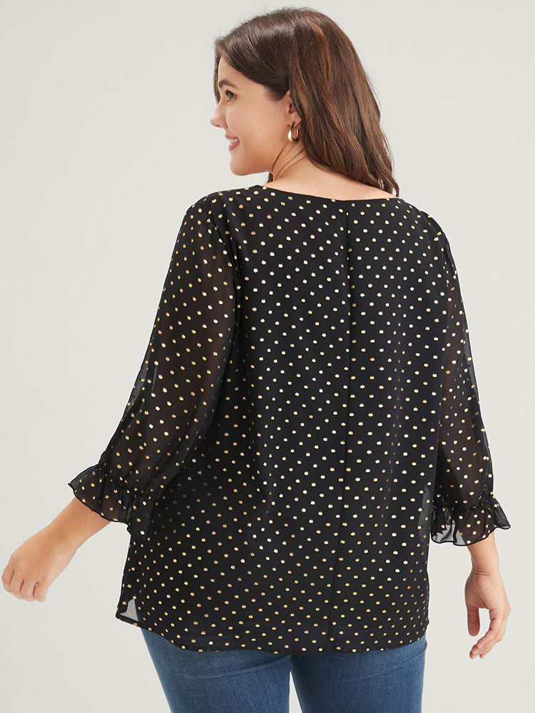 Polka Dot Mesh Puff Sleeve V Neck Blouse
