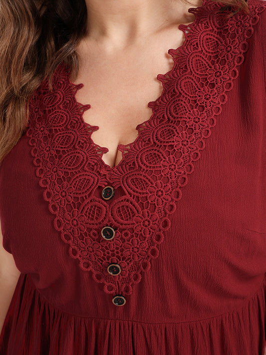 Plain Crochet Lace Button V Neck Tank Top