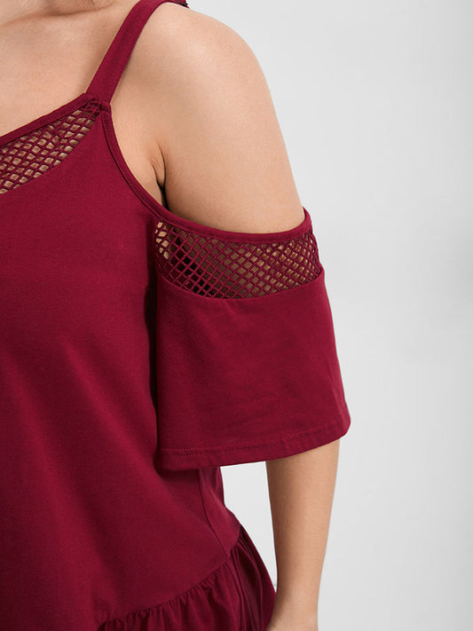 Solid Flutter Cold Shoulder Cut Out Ties T-shirt