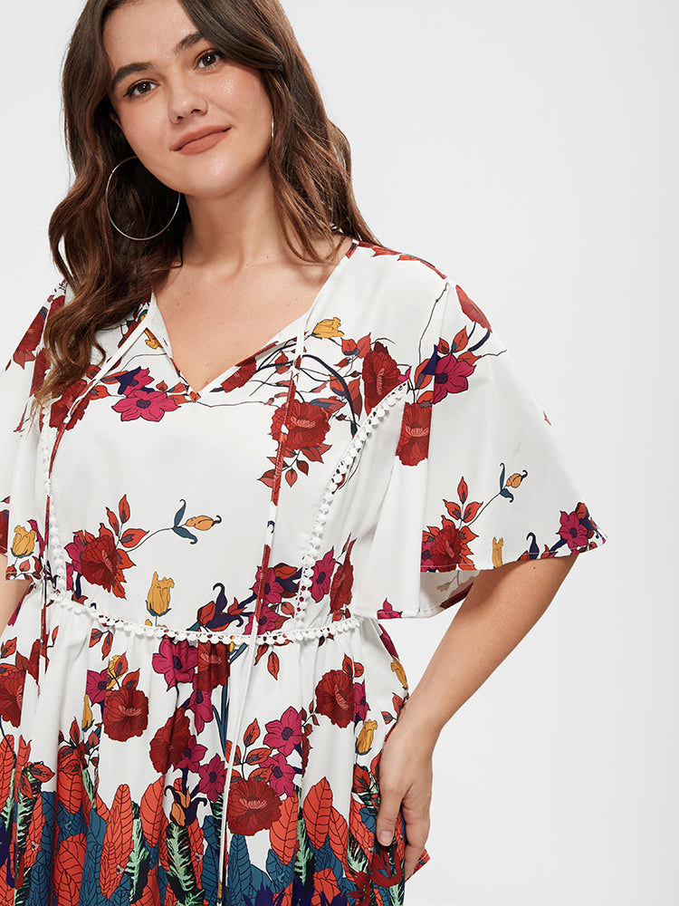 Floral Ruffle Sleeve Ties Neck Blouse