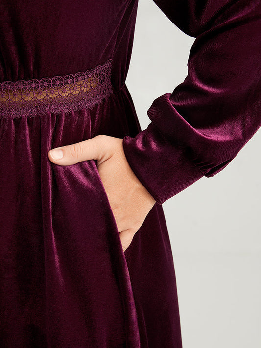 Solid Lace Pocket Keyhole Tie Neck Velvet Flutter Dress