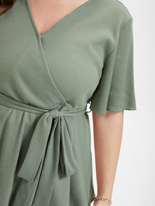 Solid Ruffles V Neck Waffle Knit Belted T-shirt