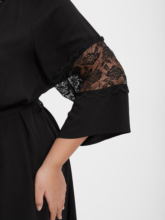 Solid Lace Insert Belted Sleep Robe
