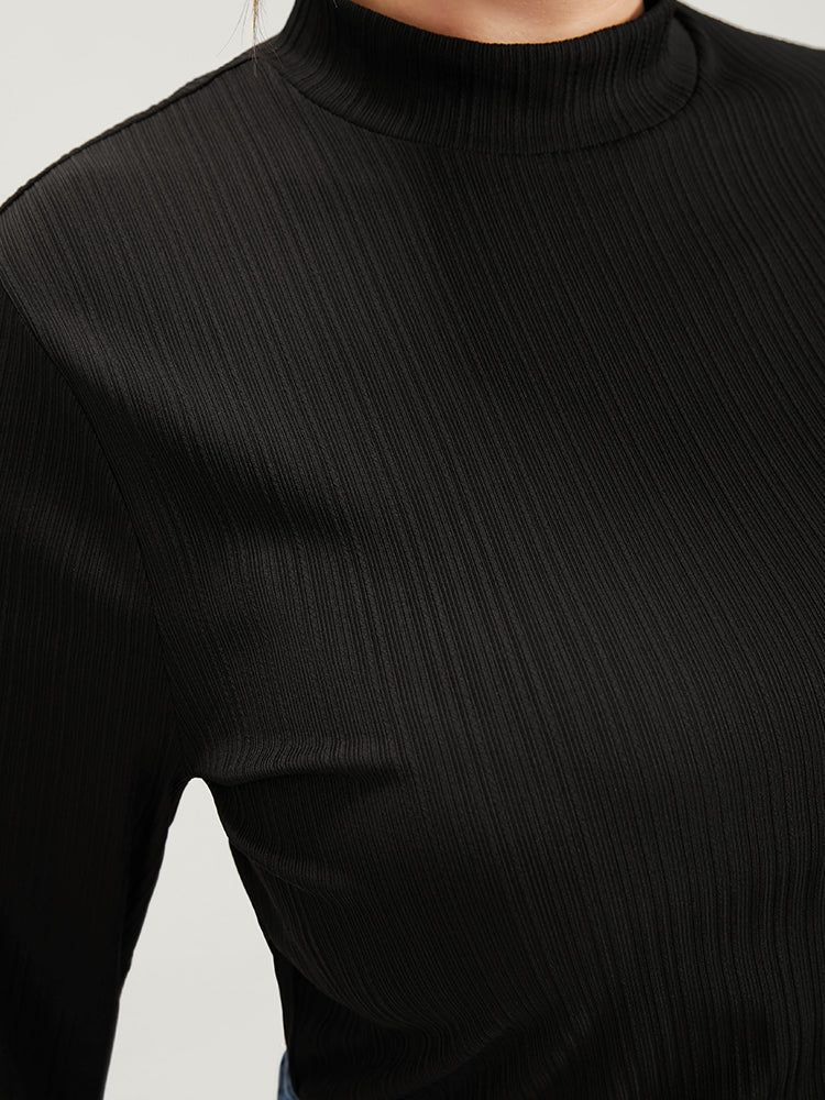 Solid Mock Neck Rib Knit Long Tee
