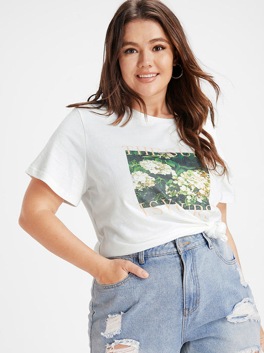 Flower & Letter Print White T-shirt