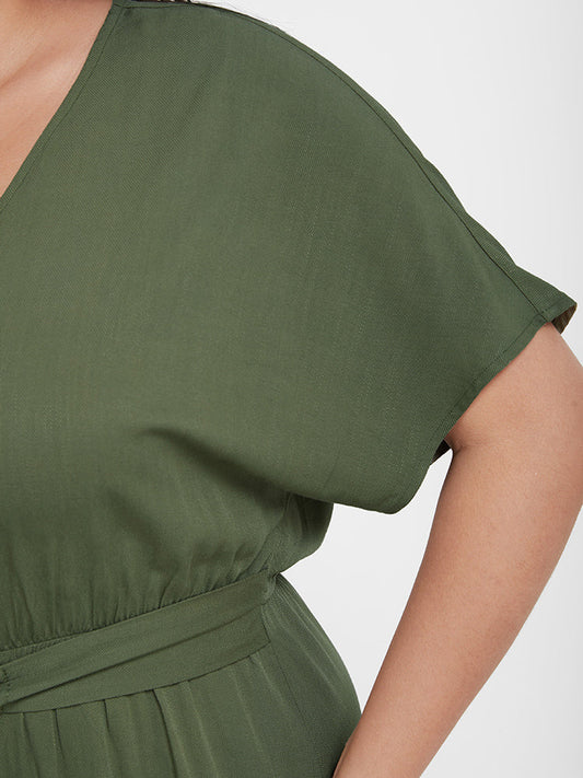 Plain Ruched Belted Button Midi Dress